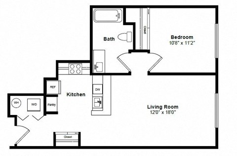 Floor plan for 1 bed, 1 bath, 641 sqft